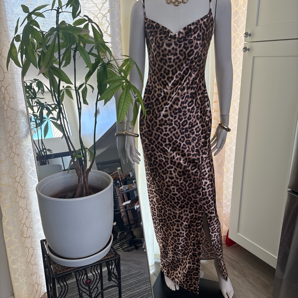 Fashion Nova Leopard Slip Maxi Dress - Brown